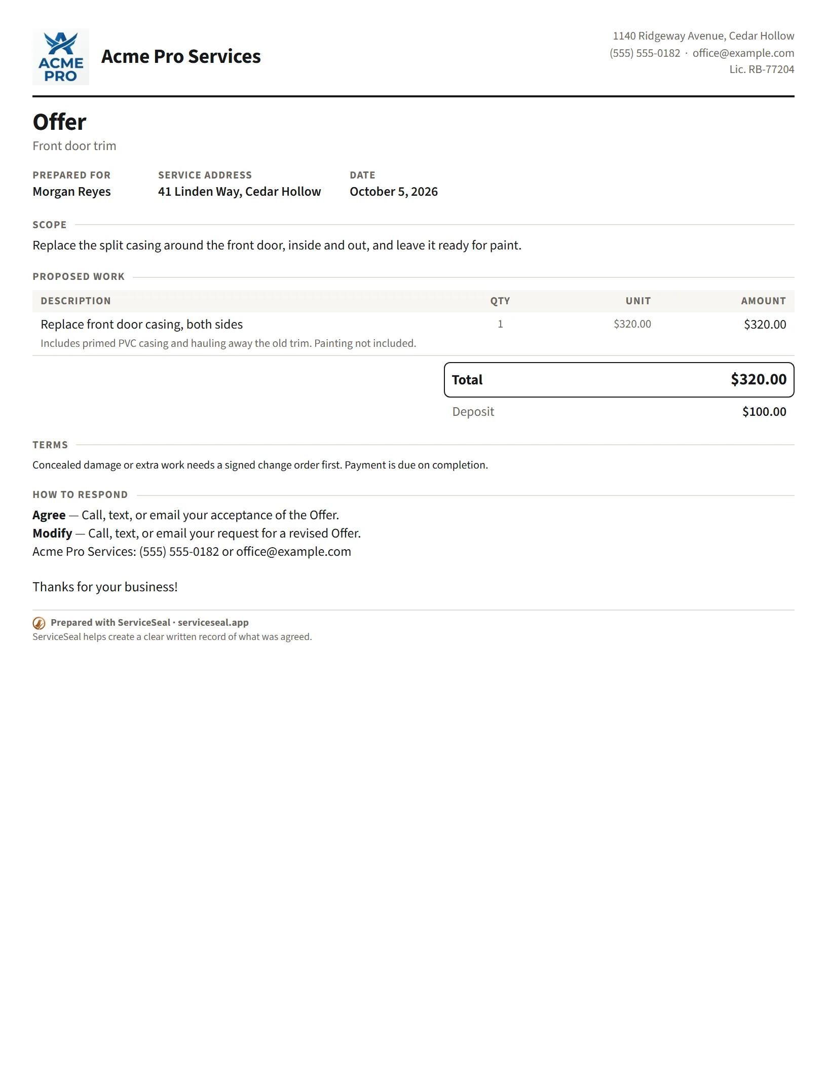An example offer from Acme Pro Services for front door trim: $320 of work, with what is included and what is not, a $100 deposit, and the terms.