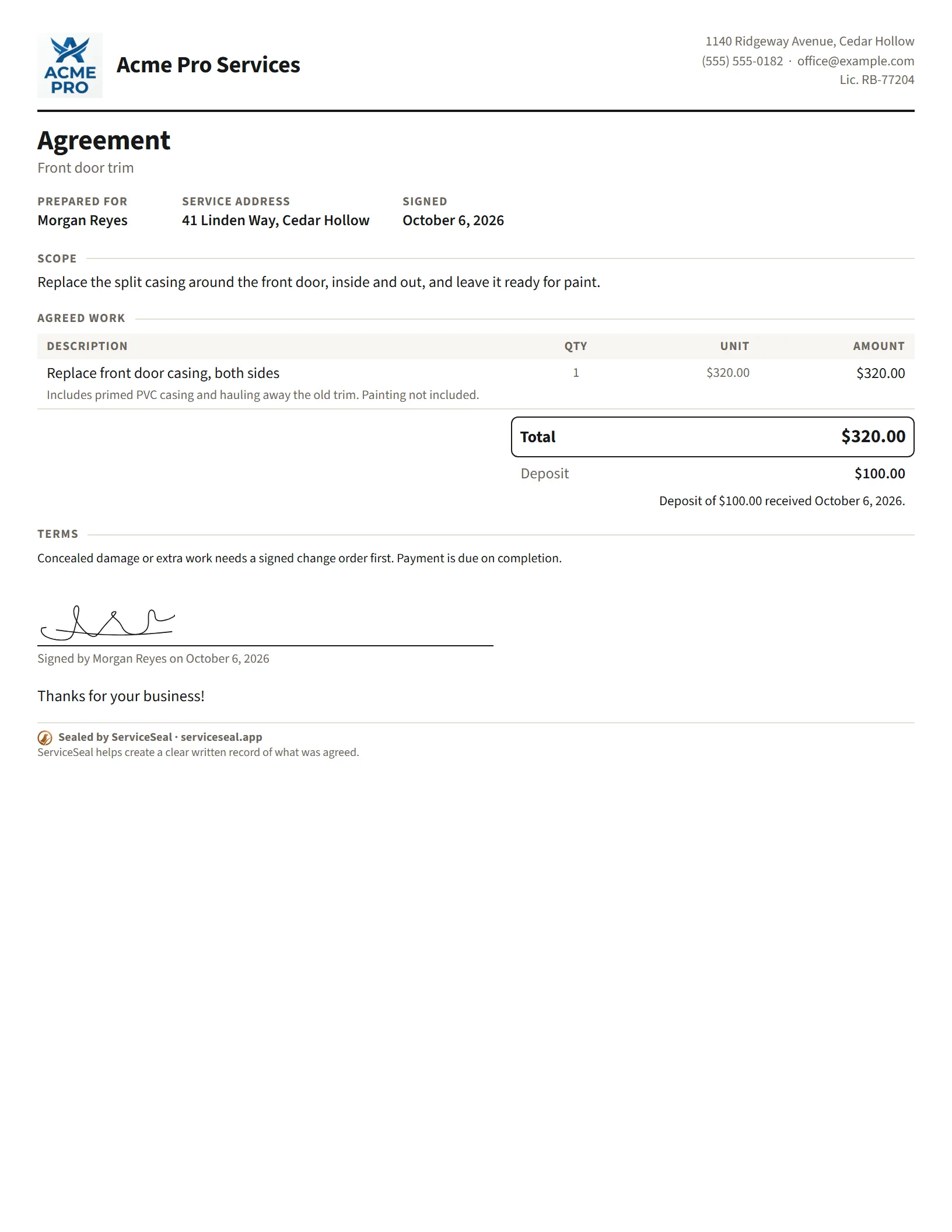 An example agreement from Acme Pro Services for $320 of front door trim, signed by the customer on the pro’s phone, with the $100 deposit received.