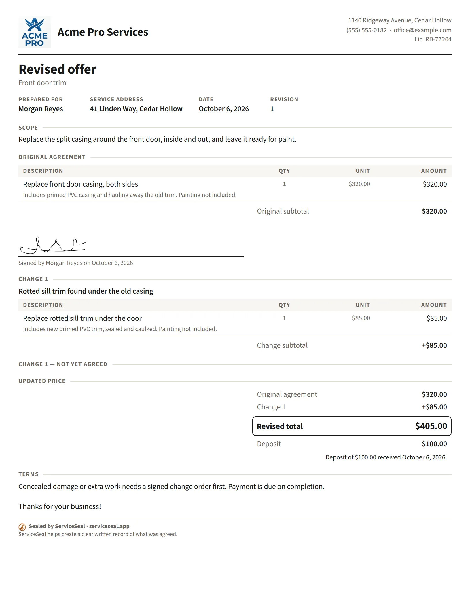 An example revised offer from Acme Pro Services: the original $320 of work, Change 1 for rotted sill trim at $85 marked not yet agreed, and the updated price of $405.