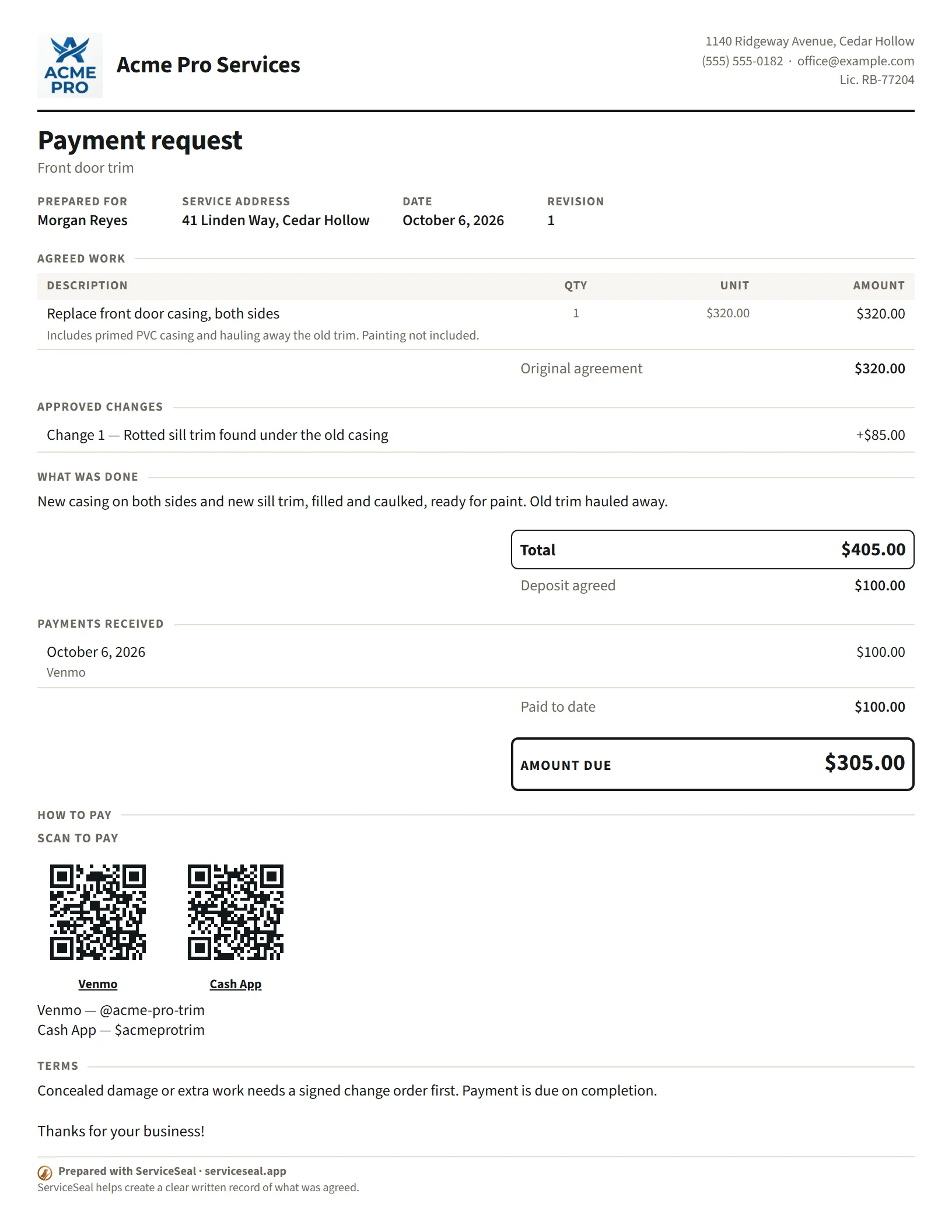 An example payment request from Acme Pro Services: a $405 total, the $100 deposit paid, $305 due, and Venmo and Cash App codes to pay the pro.