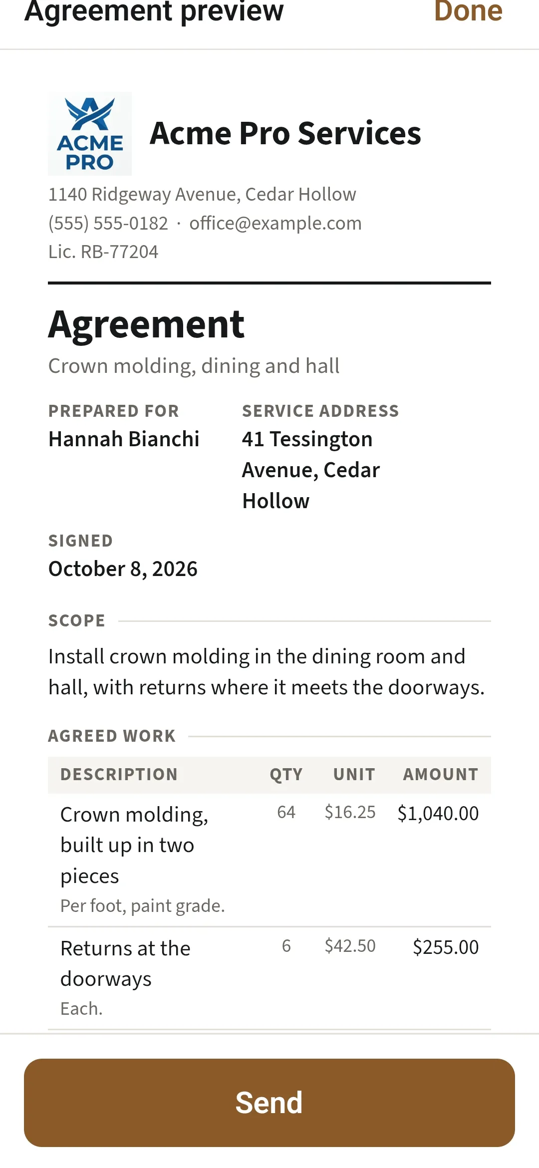 A signed agreement on the pro's phone: Acme Pro Services, crown molding for the dining room and hall, signed October 8, 2026.