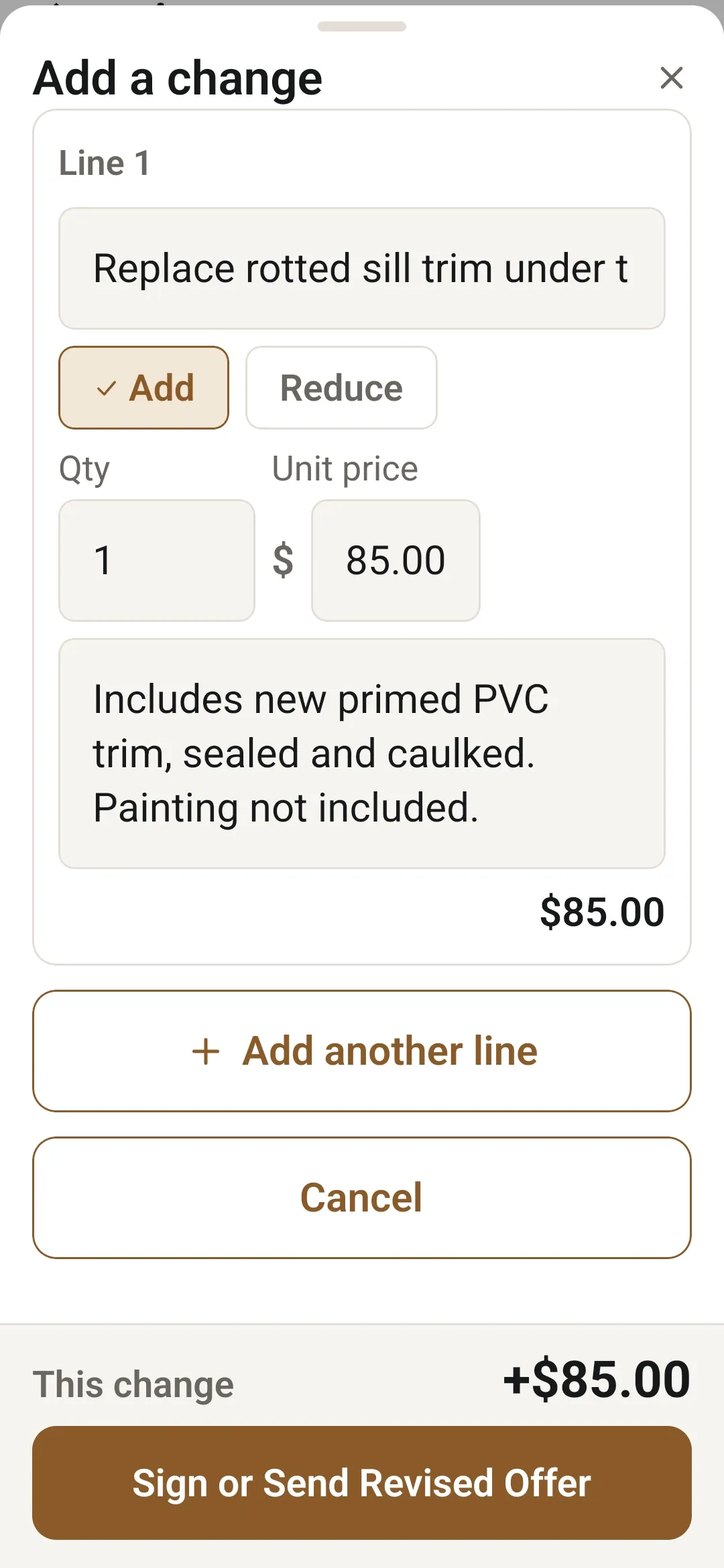 ServiceSeal on a phone: the Add change sheet, rotted sill trim at $85.