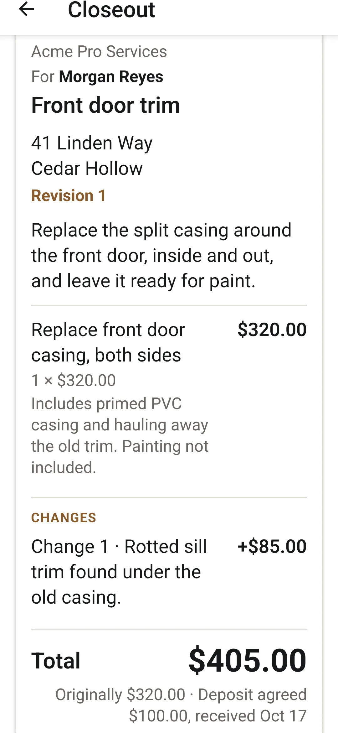 ServiceSeal on a phone: the job after the change, Change 1 for rotted sill trim at $85 and a total of $405, originally $320.