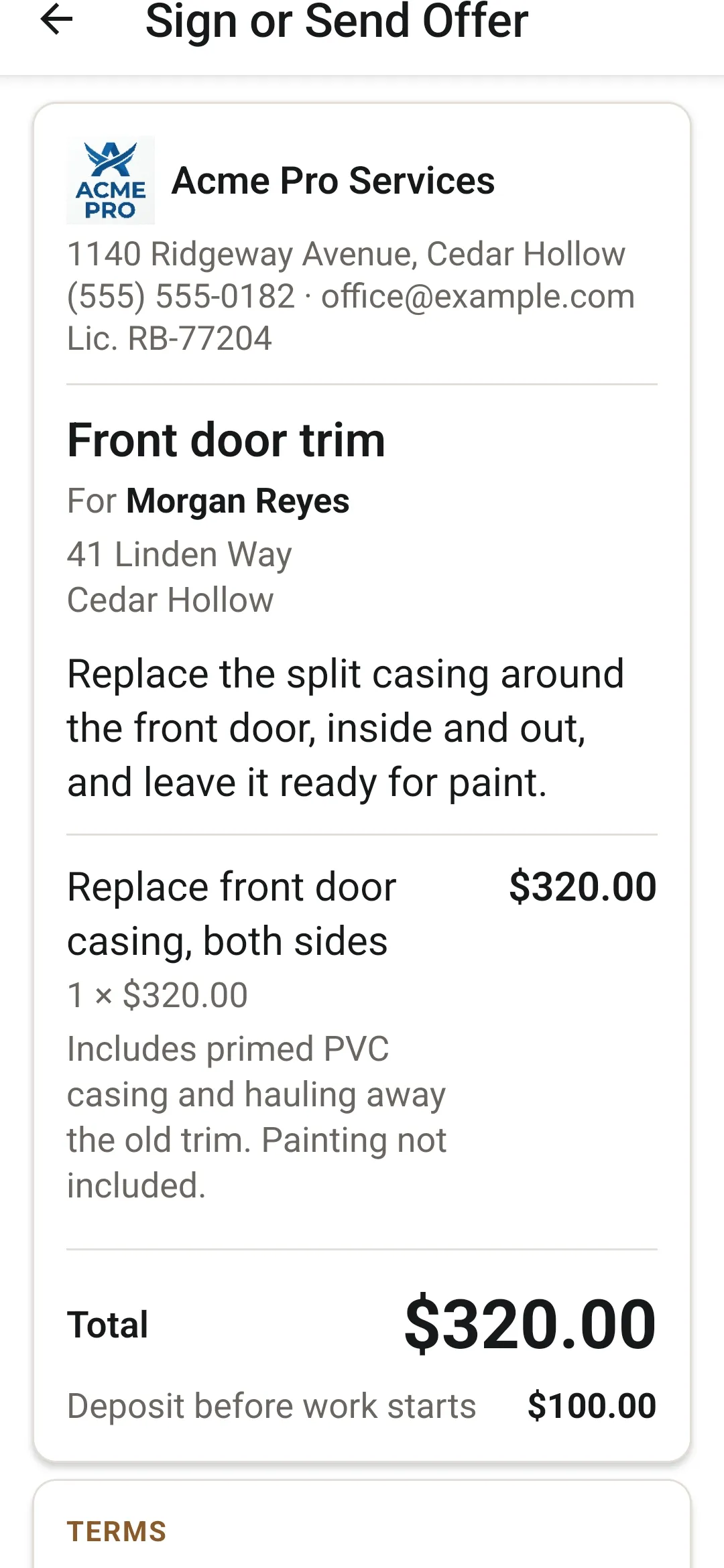 ServiceSeal on a phone: a new offer for front door trim, $320, with a $100 deposit.
