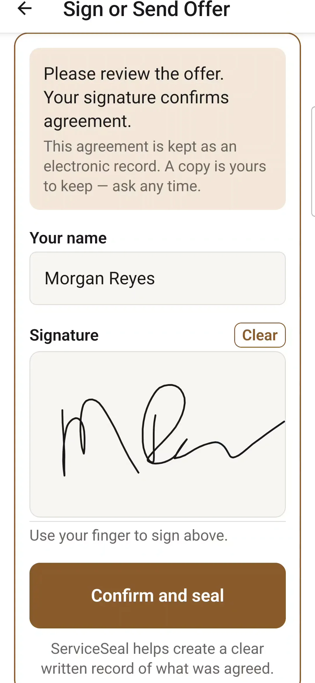 ServiceSeal on a phone: the customer signing the offer on the pro’s phone.