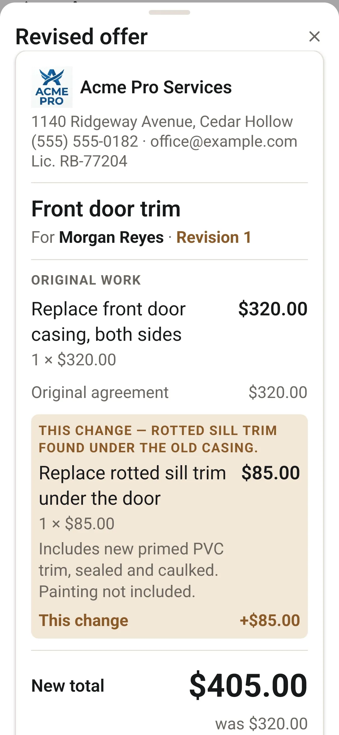ServiceSeal on a phone: the revised offer the customer sees, the original $320 of work and Change 1 for rotted sill trim at $85, for a new total of $405. Example data.