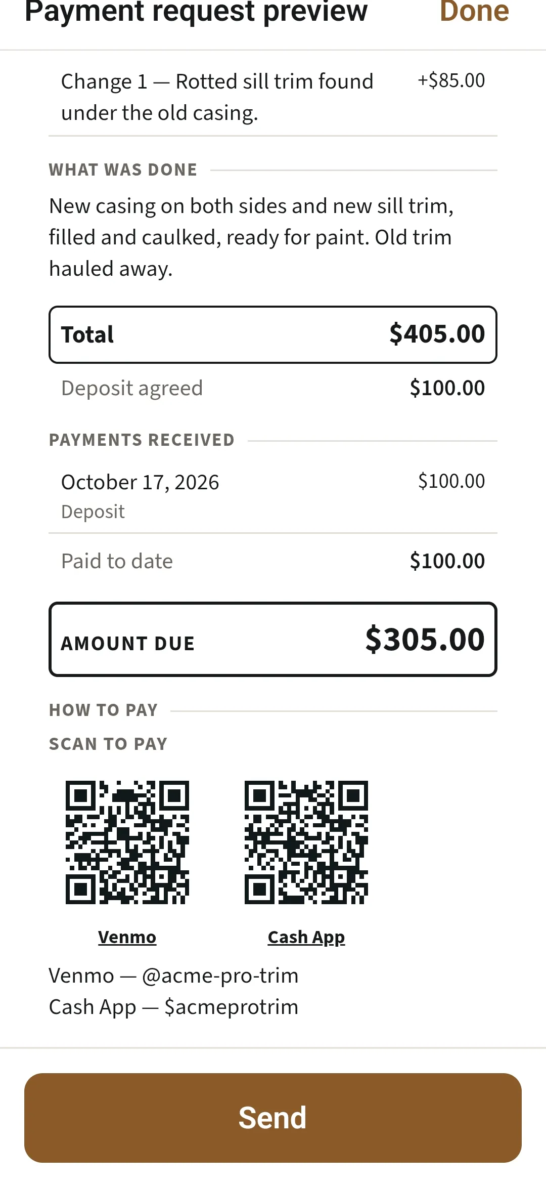 ServiceSeal on a phone: the payment request, $305 due, with codes for Venmo and Cash App.