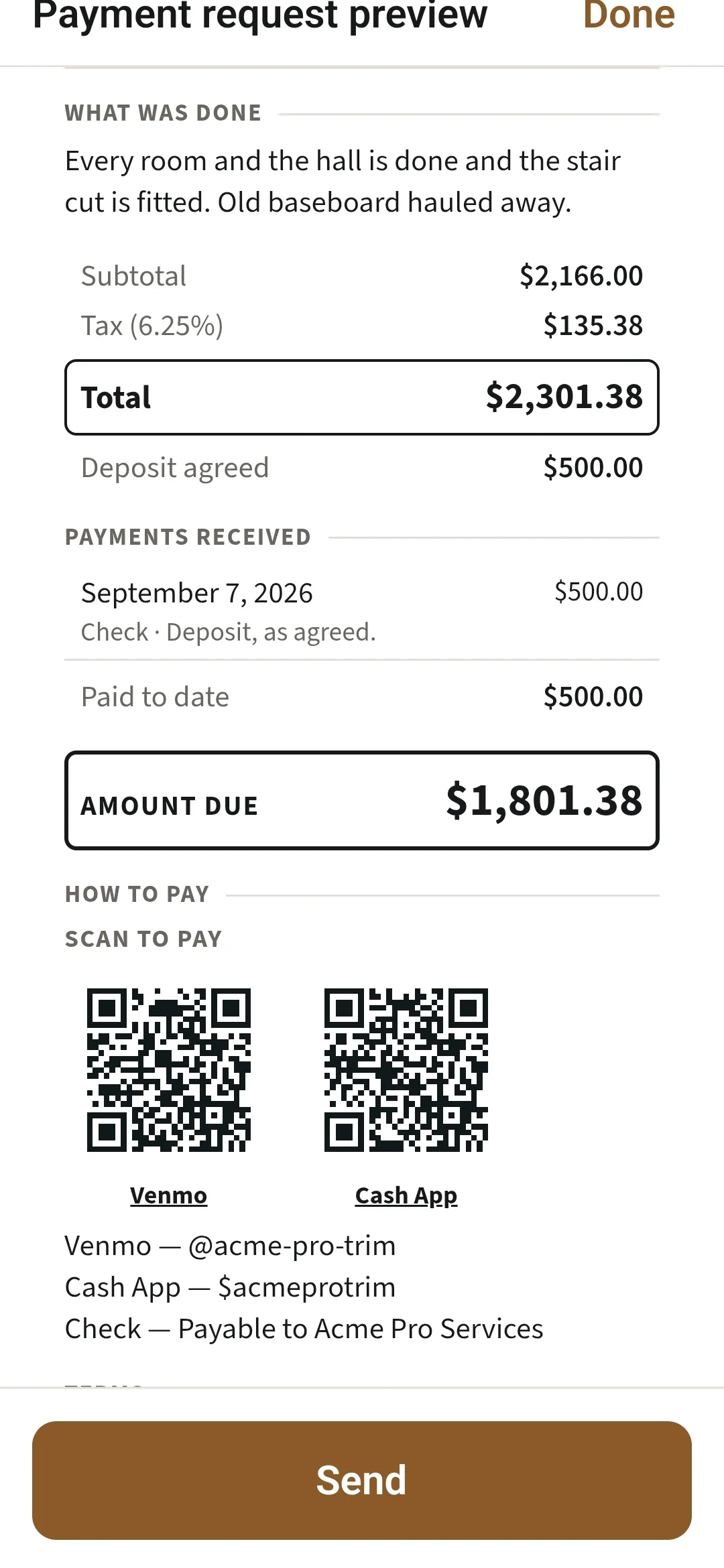 A payment request on the phone: a $2,301.38 total, the $500 deposit paid, $1,801.38 due, with Venmo and Cash App codes.