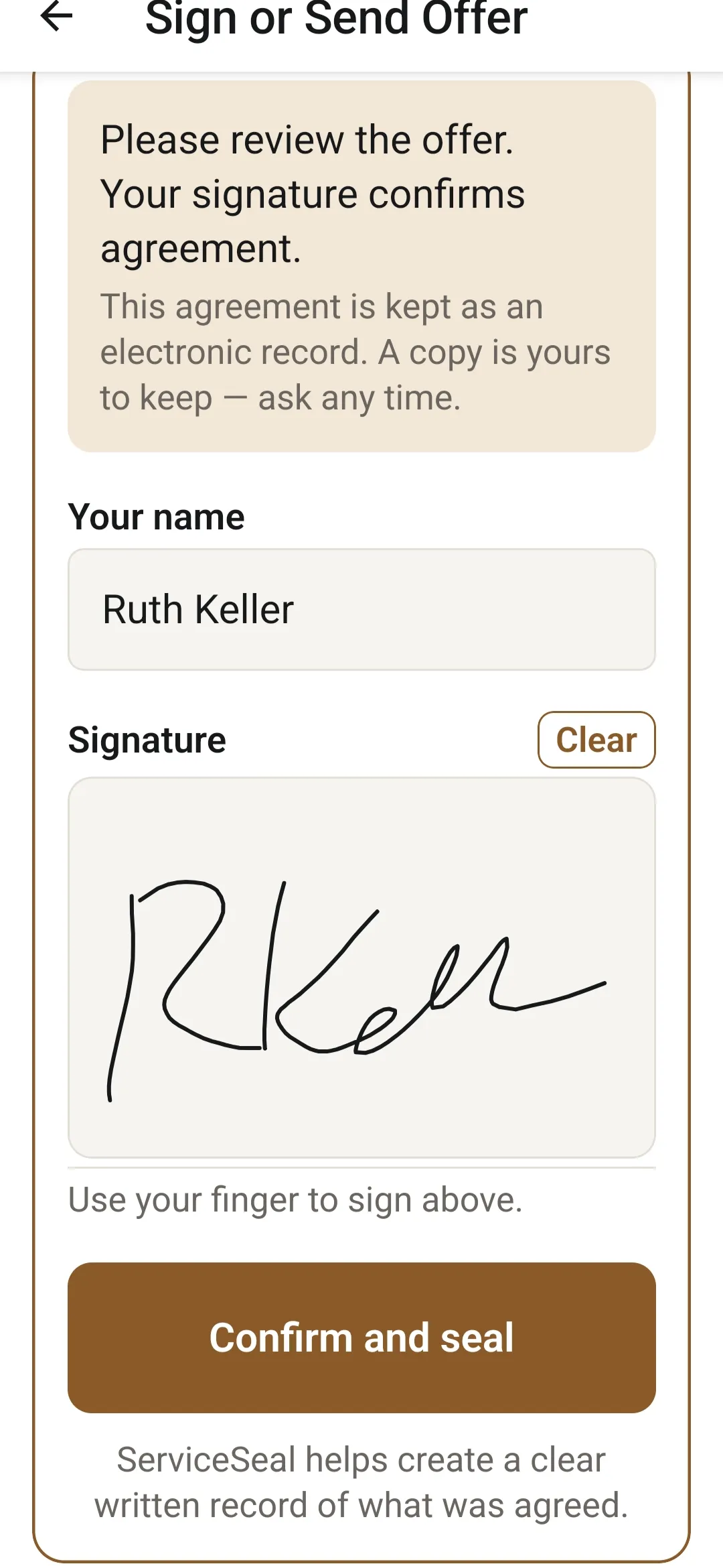 ServiceSeal's signing screen on a phone: the customer, Ruth Keller, has typed her name and signed, ready to tap Confirm and seal.