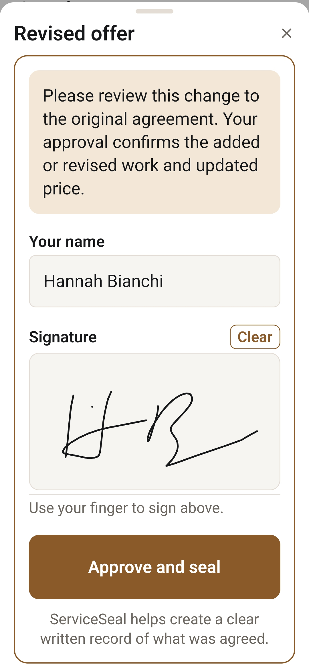 Hannah signing the revised offer on the pro's phone, above a button reading Approve and seal.